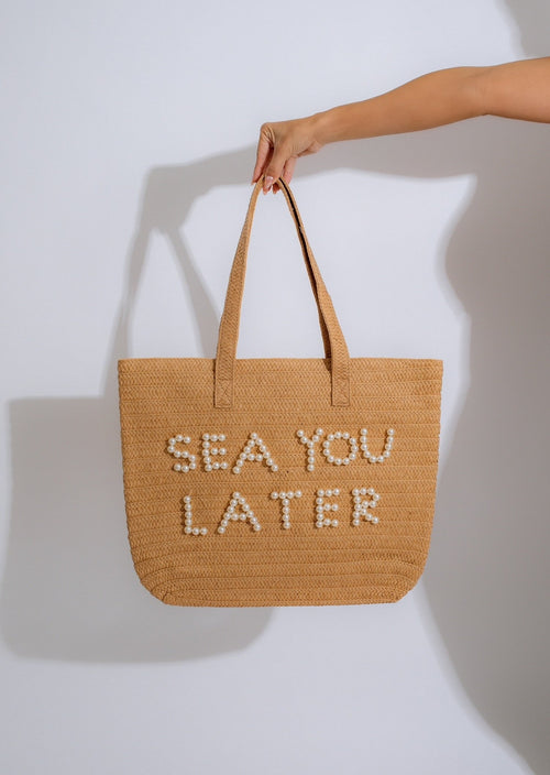 Stylish nude tote bag with pearl detailing perfect for a day at the beach - Sea You Later Pearl Tote Bag Nude