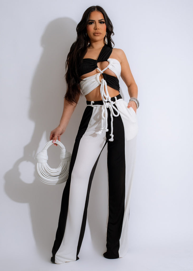 Alt text: Stylish and versatile 'Never Late Pant Set White' with a comfortable fit, perfect for any occasion