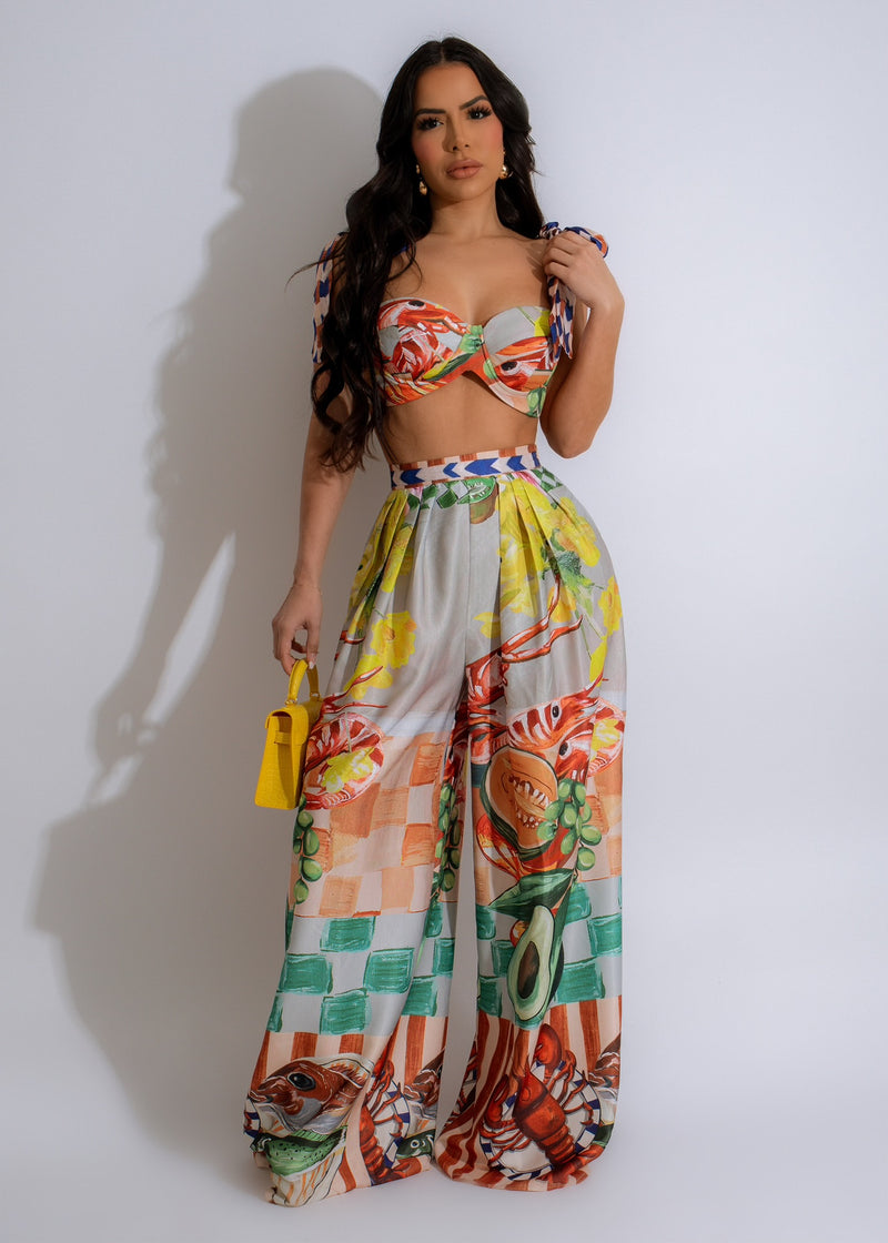 Tropical Mosaic Pant Set Nude featuring a vibrant print and relaxed fit for summer wear