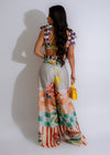 Elegant Tropical Mosaic Pant Set Nude with a flowy top and matching wide-leg pants