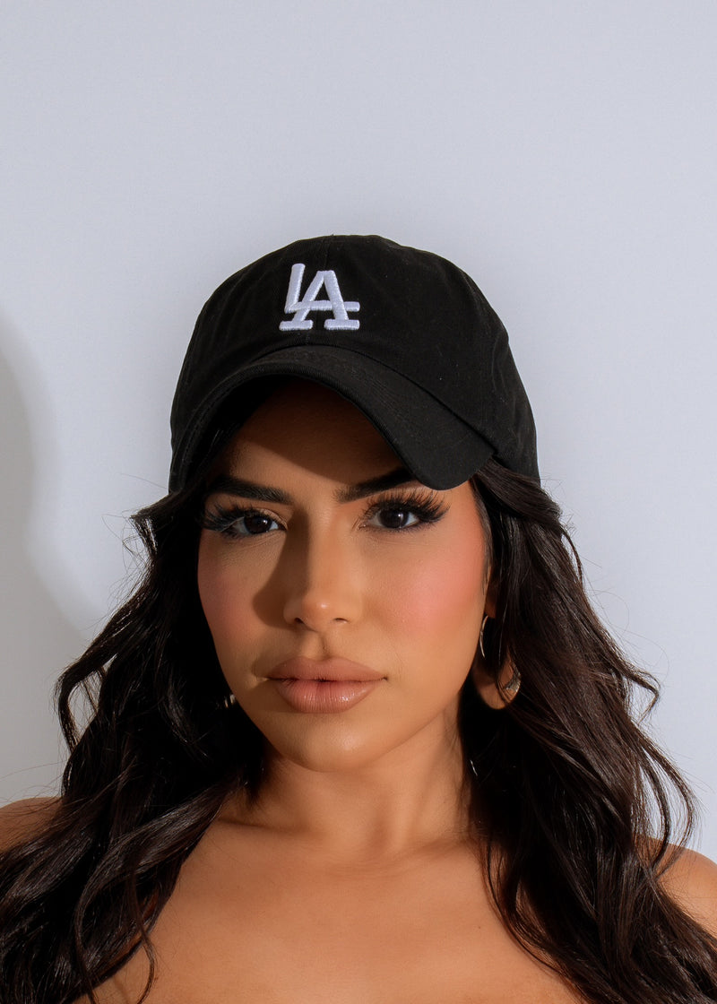 Stylish black LA Girl cap hat with adjustable strap and embroidered logo