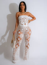 Crochet pant set in white, featuring intricate crochet detail and matching top