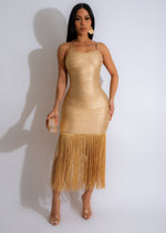 Elegance Metallic Bandage Fringe Midi Dress Gold with shimmering gold fabric and intricate fringe details for a glamorous look