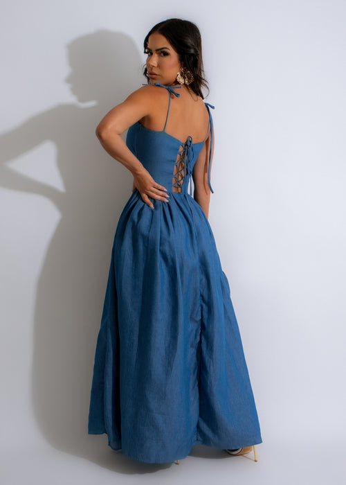 Pure Bliss Ruched Maxi Dress Blue