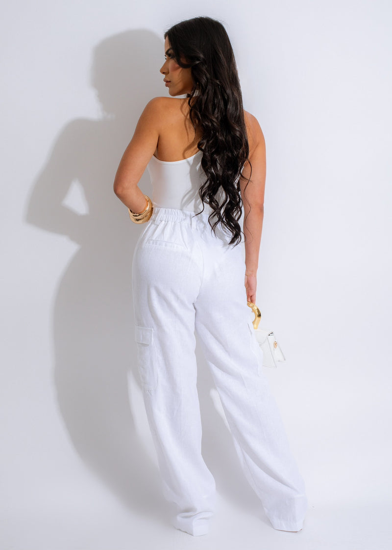 Model wearing One For One Linen Cargo Pants White, showcasing the stylish and flattering design