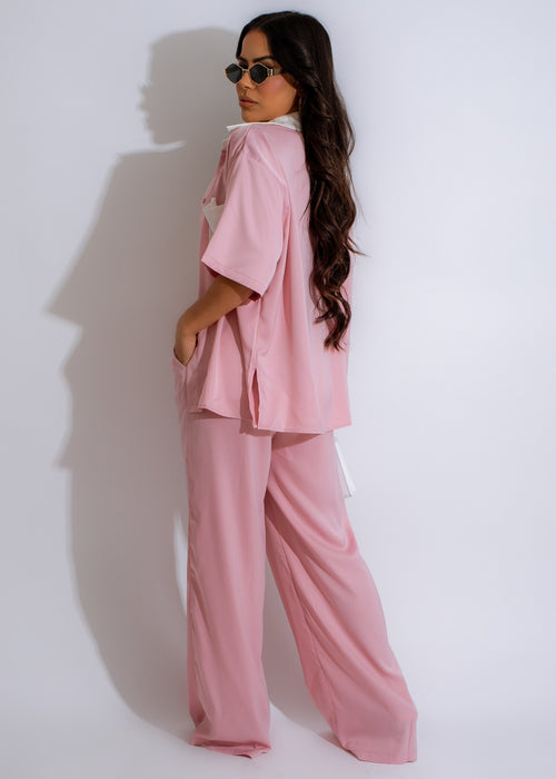 All For You Satin Pant Set Pink - Back View, Pink satin pant set with lace back detailing, comfortable and stylish