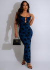 Nocturnal Bloom Mesh Maxi Dress Blue, a stunning floor-length gown with intricate floral detailing