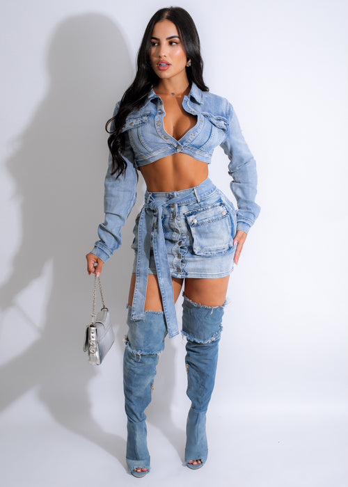 Flirt with Me Denim Skirt Set, featuring a high-waisted skirt and matching crop top with lace-up detail