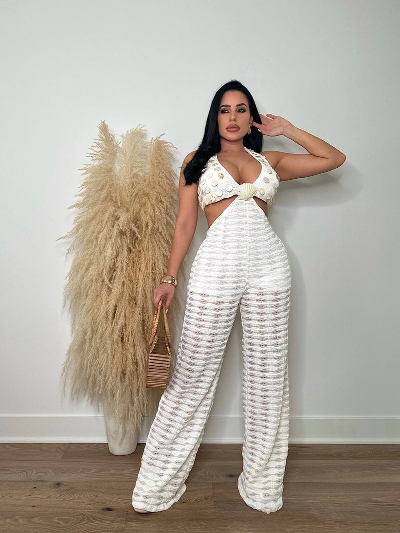 Chic and trendy Beach Party Jumpsuit White with open back detail