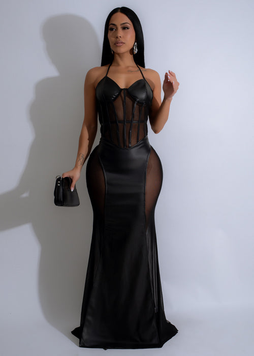 Eclipse Muse Mesh Faux Leather Maxi Dress Black - Front view with mesh detailing and faux leather fabric 