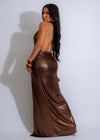 Elegant and luxurious Radiant Cascade Metallic Maxi Dress Brown in shimmering brown color with a flowy silhouette