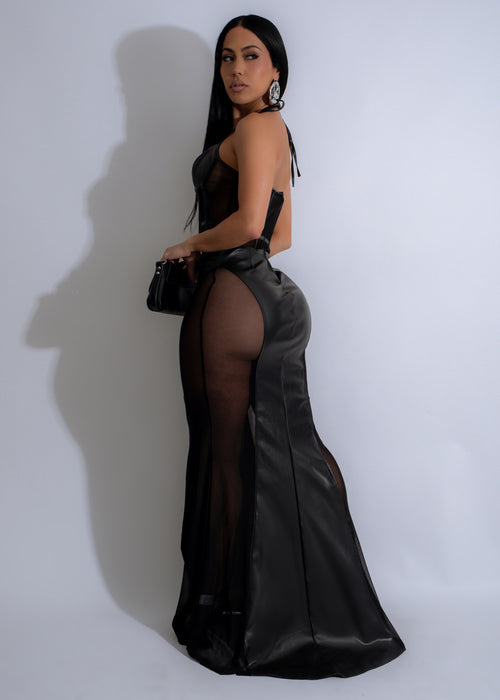  Eclipse Muse Mesh Faux Leather Maxi Dress Black - Back view showcasing the long maxi length and elegant design