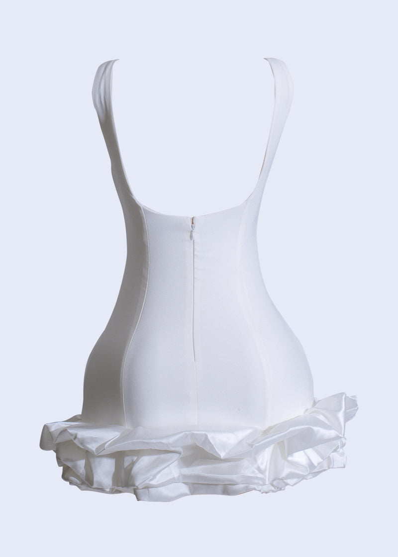 Beautiful white satin mini dress with elegant ruffle detail by Lumina