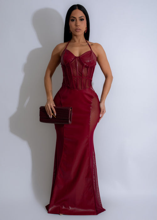 Red Eclipse Muse Mesh Faux Leather Maxi Dress with stunning design