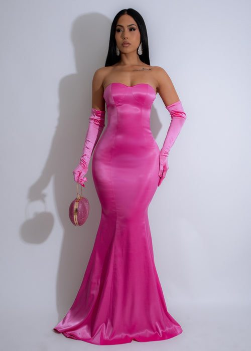 A beautiful pink satin floral maxi dress by Royal Dream