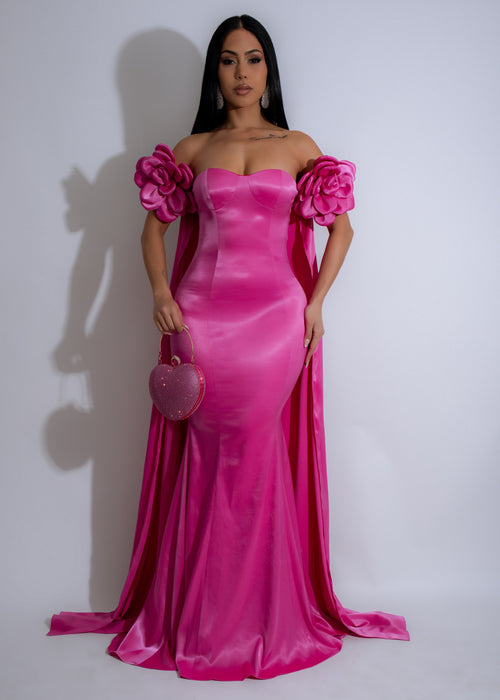 Beautiful pink floral maxi dress made of luxurious satin fabric