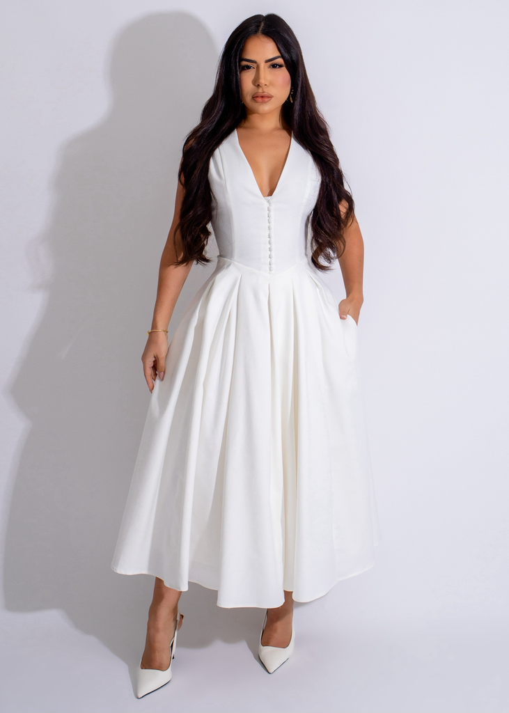 Timeless Elegance Midi Dress White featuring delicate lace overlay and flattering A-line silhouette