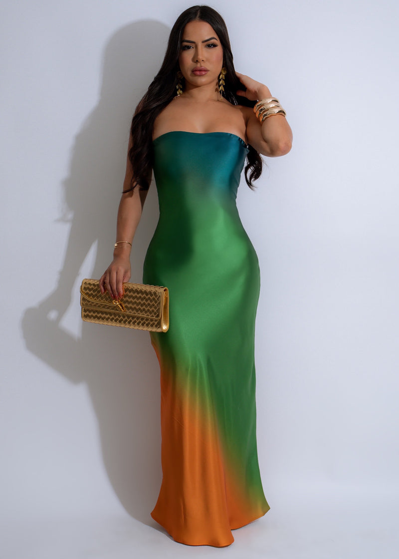 Beautiful green tropical sunset maxi dress, perfect for beach vacations and summer events