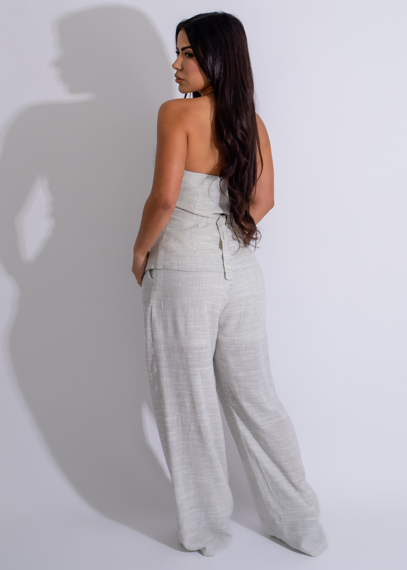 Elegant and versatile Urban Escape Stripes Linen Pant Set in dazzling white, ideal for a weekend brunch or a leisurely stroll in the park