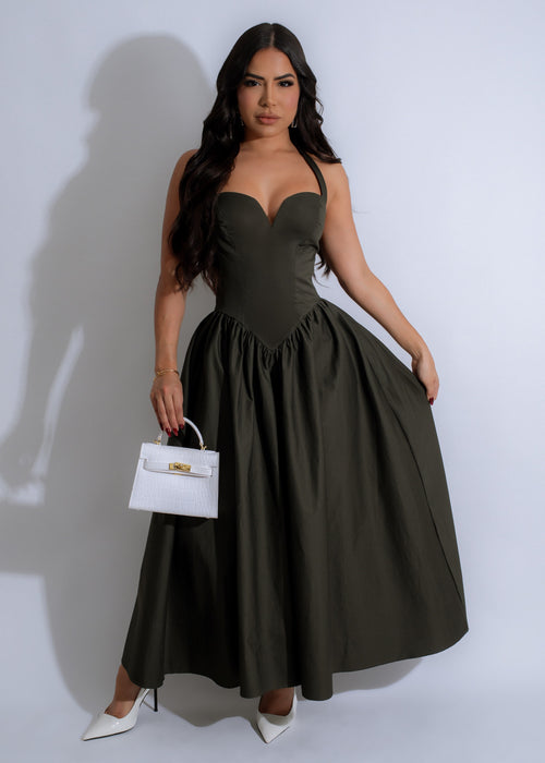 Olive green midi dress with charming details and flattering silhouette