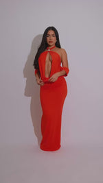 Fire & Flow Ruched Rhinestone Maxi Dress Orange