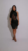 Noir Enigma Ruched Mesh Mini Dress Black