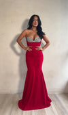 Lumina Cascade Rhinestone Ruched Maxi Dress Red