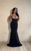 Lumina Cascade Rhinestone Ruched Maxi Dress Black