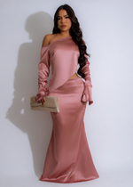 Satin Reverie Skirt Set Pink - A luxurious pink satin skirt set with a matching top and elegant details 