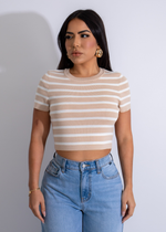 Sailor's Stripes Knit Crop Top Nude* with boat neckline and short sleeves