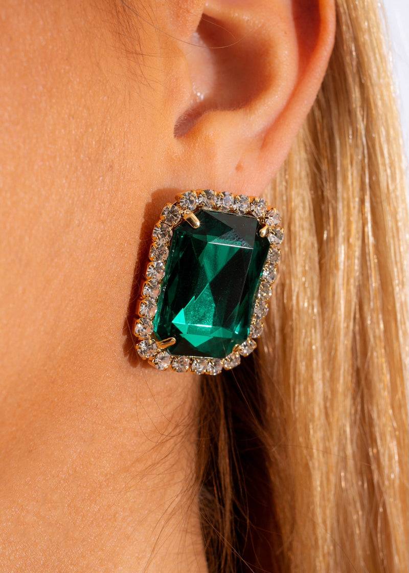 Gonna Be Different Earring Green dangling earring with emerald green gemstone and gold accents 