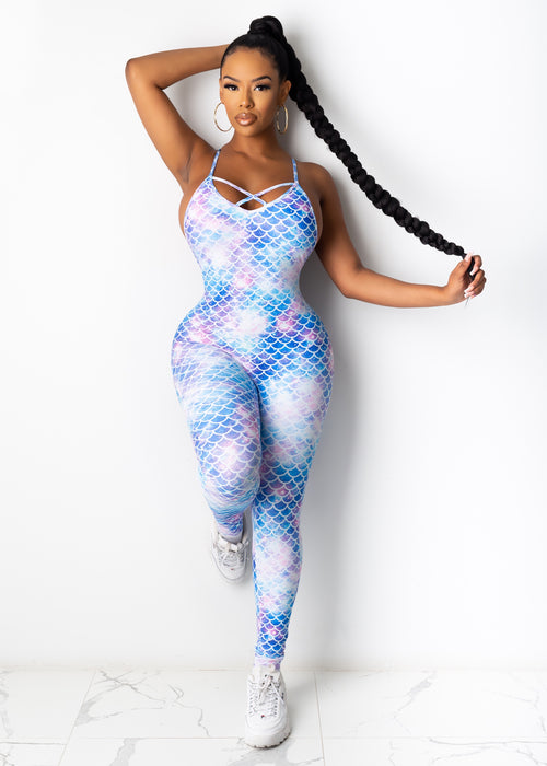 Mermaid Paradise Jumpsuit in ocean blue, featuring intricate seashell details